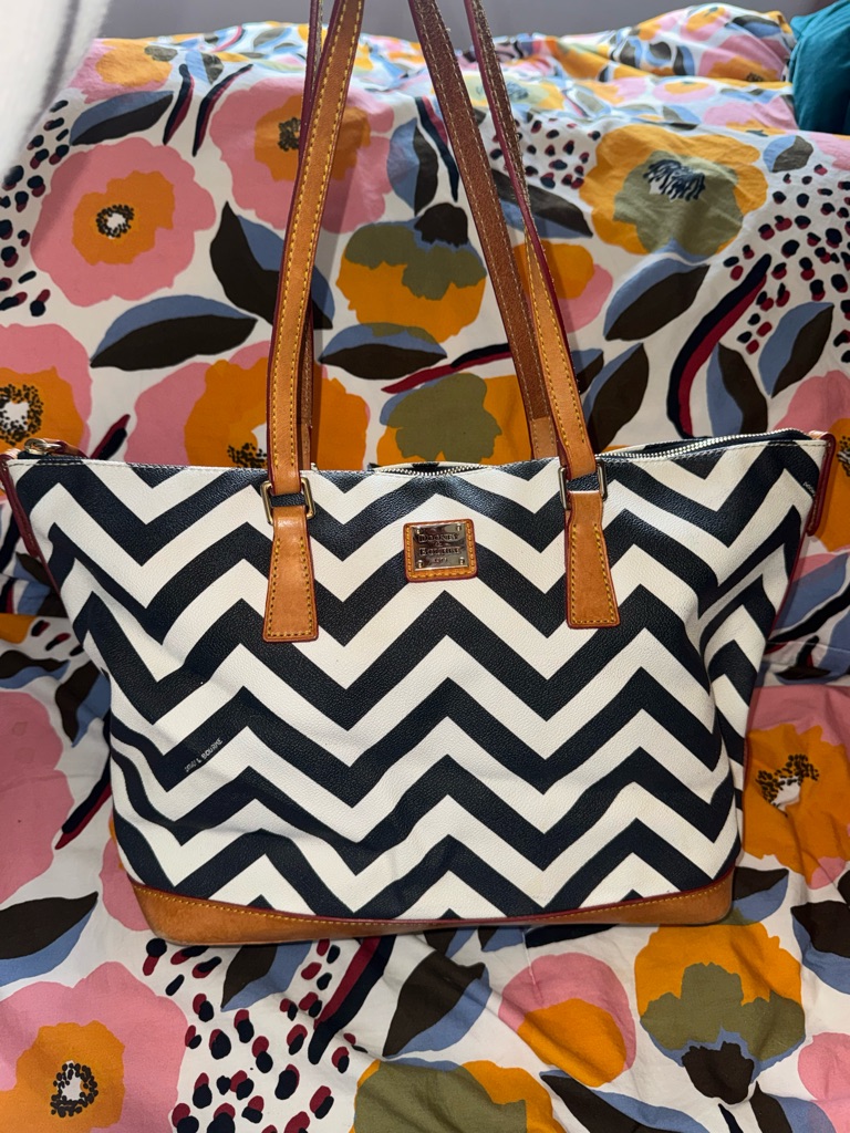 Dooney & Bourke Navy Chevron Stripe Tote Bag With Brown Leather Trim